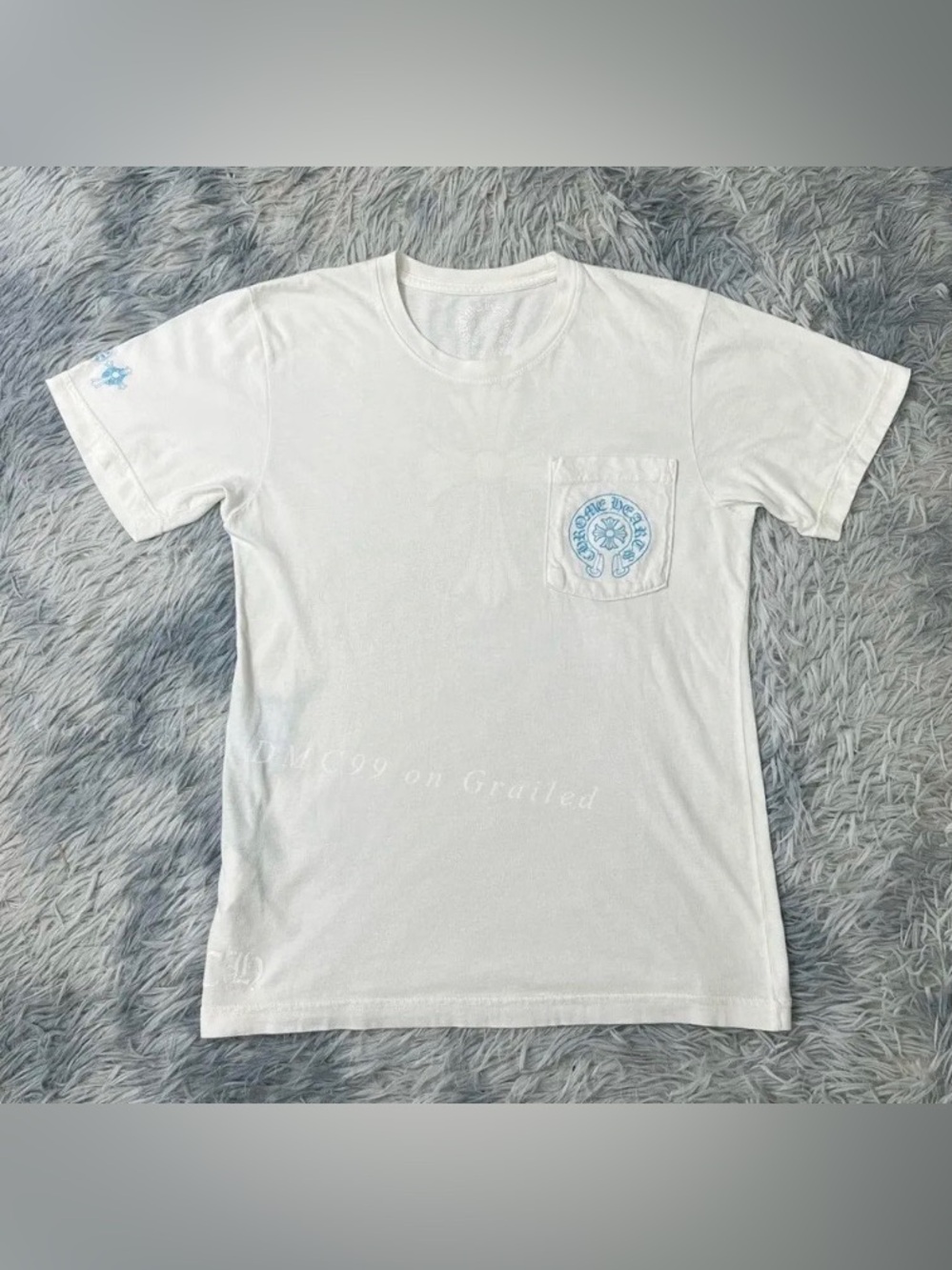 Chrome Hearts White Short-Sleeve Pocket T-Shirt with Light Blue Logo